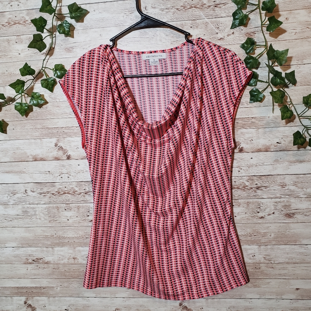 Liz Claiborne Pink Black Pattern Style Loose Neck Shirt Top LC Office Work